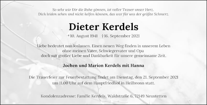  Traueranzeige für Dieter Kerdels vom 18.09.2021 aus GESAMT