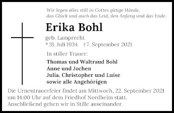 Traueranzeige von Erika Bohl von GESAMT