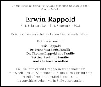 Traueranzeige von Erwin Rappold von GESAMT