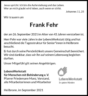 Traueranzeige von Frank Fehr von GESAMT