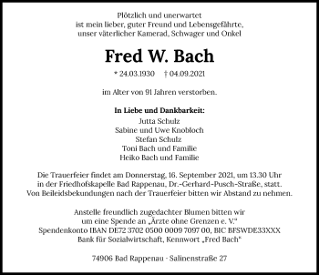 Traueranzeige von Fred W. Bach von GESAMT