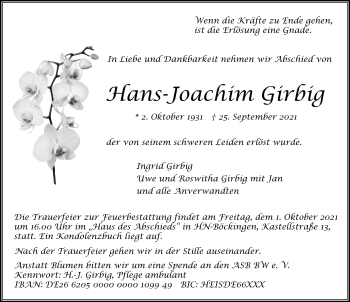 Traueranzeige von Hans-Joachim Girbig von GESAMT