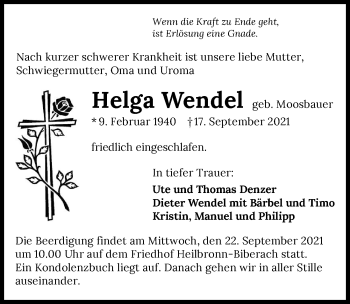 Traueranzeige von Helga Wendel von GESAMT