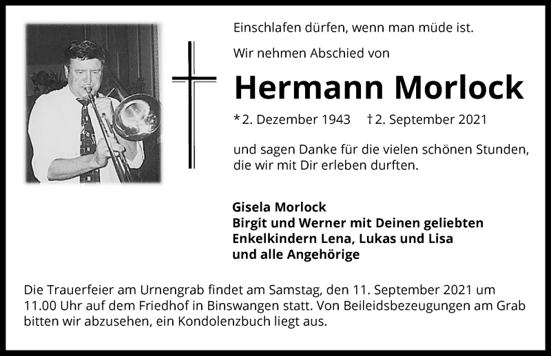  Traueranzeige für Hermann Morlock vom 08.09.2021 aus GESAMT