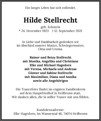 Traueranzeige von Hilde Stellrecht von GESAMT