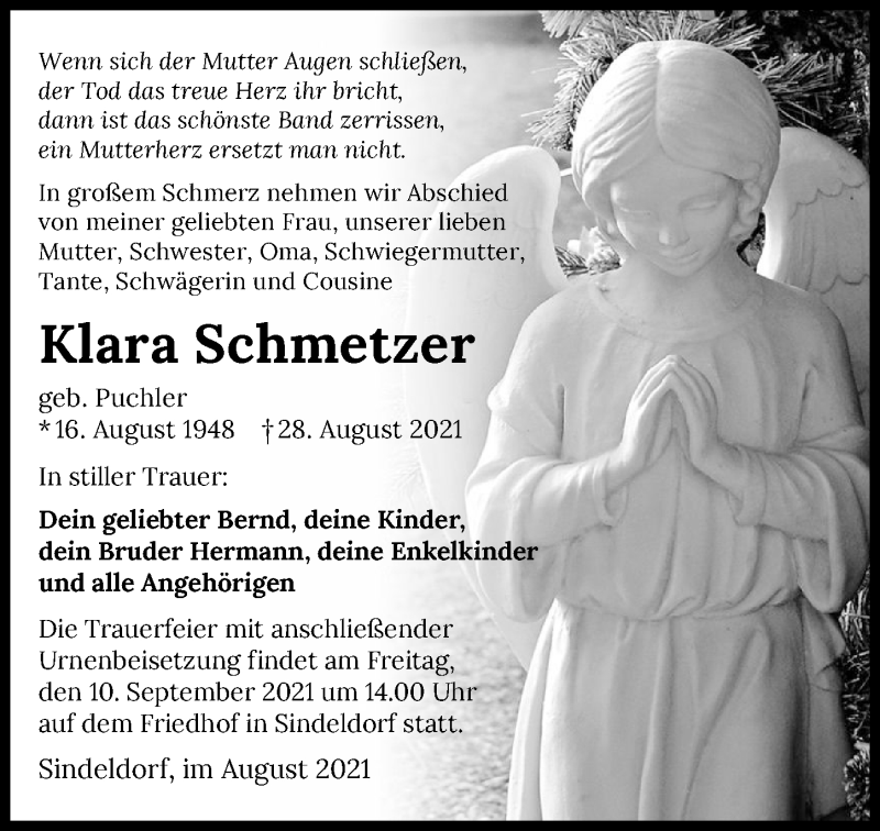  Traueranzeige für Klara Schmetzer vom 04.09.2021 aus GESAMT