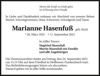 Traueranzeige von Marianne Hasenfuß von GESAMT