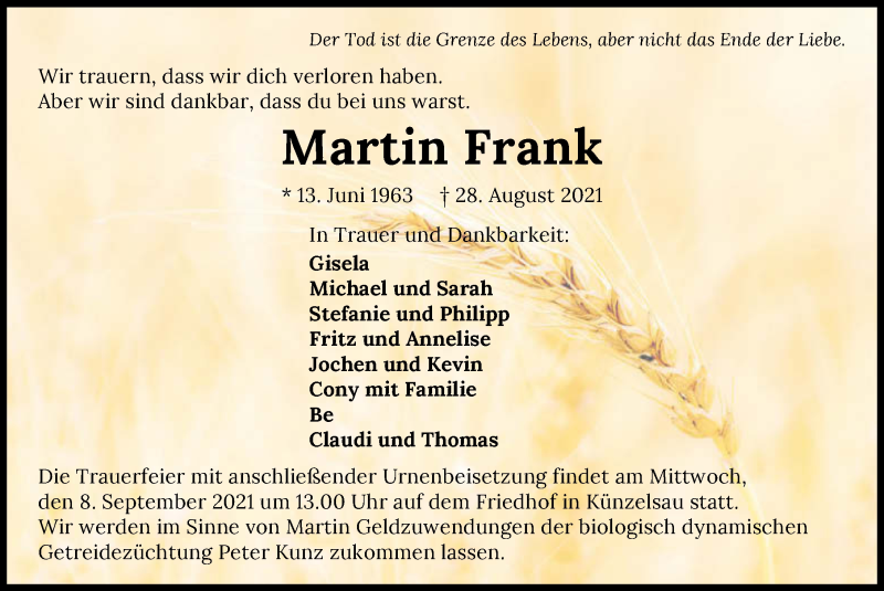  Traueranzeige für Martin Frank vom 04.09.2021 aus GESAMT
