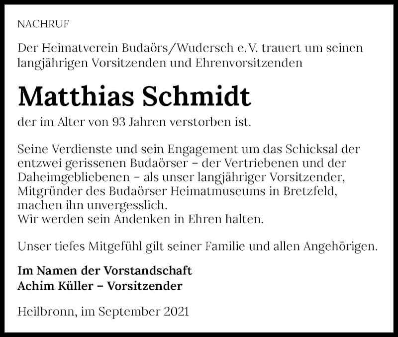  Traueranzeige für Matthias Schmidt vom 18.09.2021 aus GESAMT