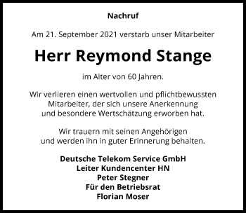 Traueranzeige von Reymond Stange von GESAMT