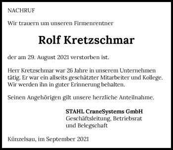 Traueranzeige von Rolf Kretzschmar von GESAMT