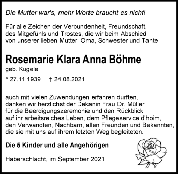 Traueranzeige von Rosemarie Klara Anna Böhme von GESAMT