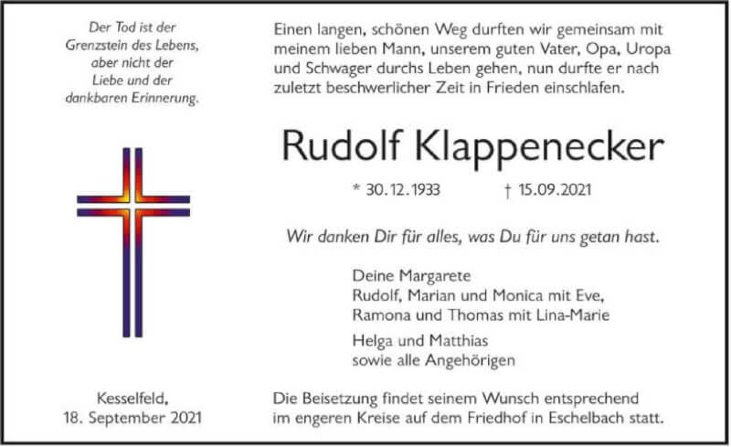  Traueranzeige für Rudolf Klappenecker vom 18.09.2021 aus GESAMT