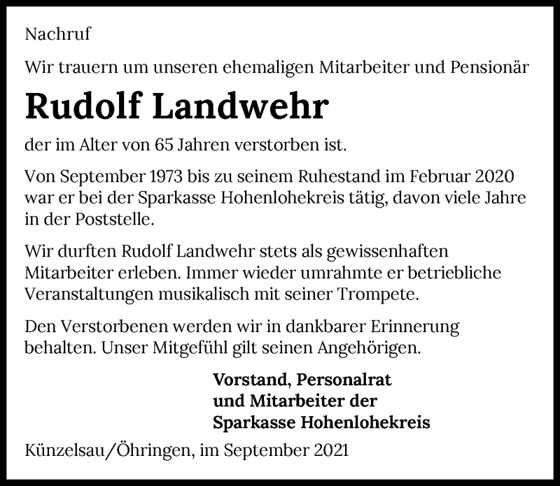  Traueranzeige für Rudolf Landwehr vom 14.09.2021 aus GESAMT