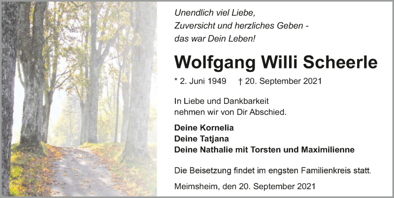  Traueranzeige für Wolfgang Willi Scheerle vom 22.09.2021 aus GESAMT