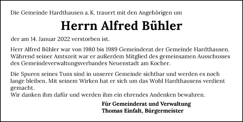  Traueranzeige für Alfred Bühler vom 20.01.2022 aus GESAMT