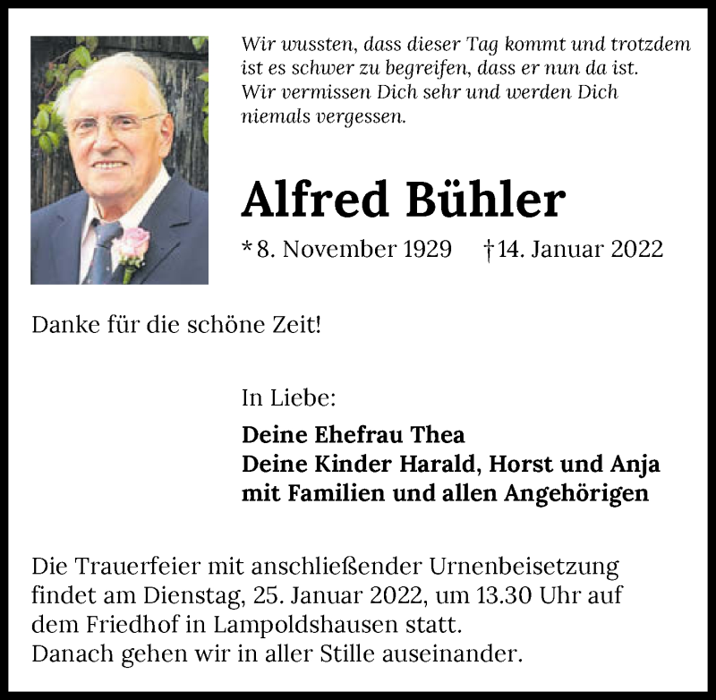  Traueranzeige für Alfred Bühler vom 21.01.2022 aus GESAMT