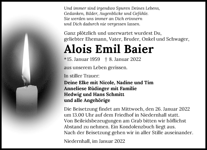  Traueranzeige für Alois Emil Baier vom 22.01.2022 aus GESAMT