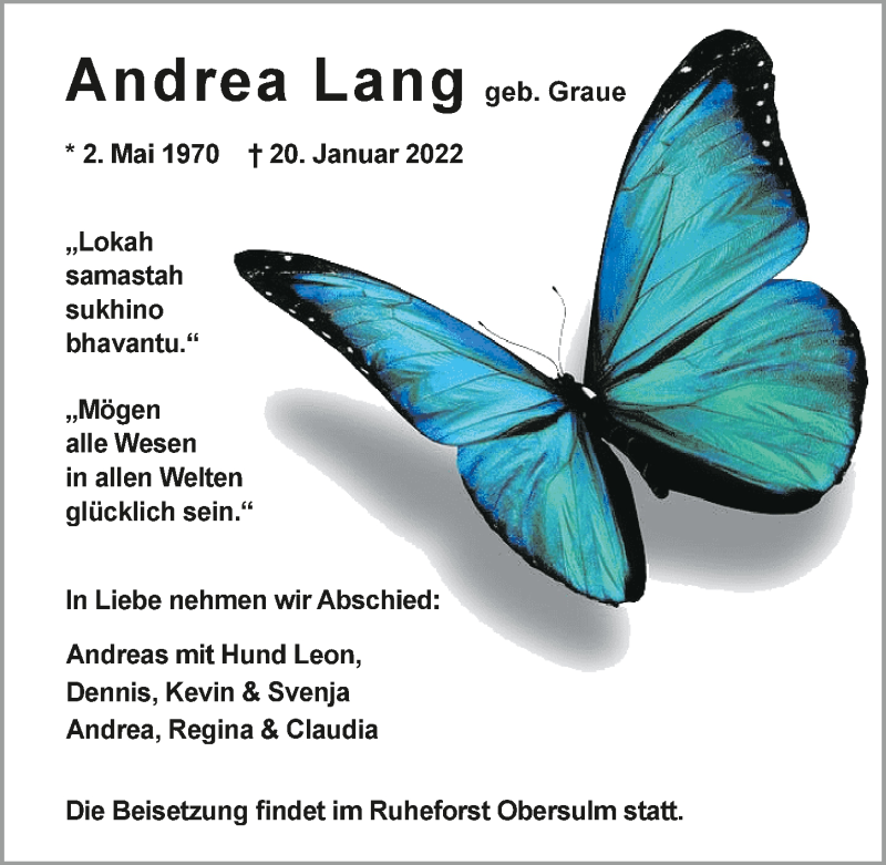 Traueranzeige für Andrea Lang vom 29.01.2022 aus GESAMT