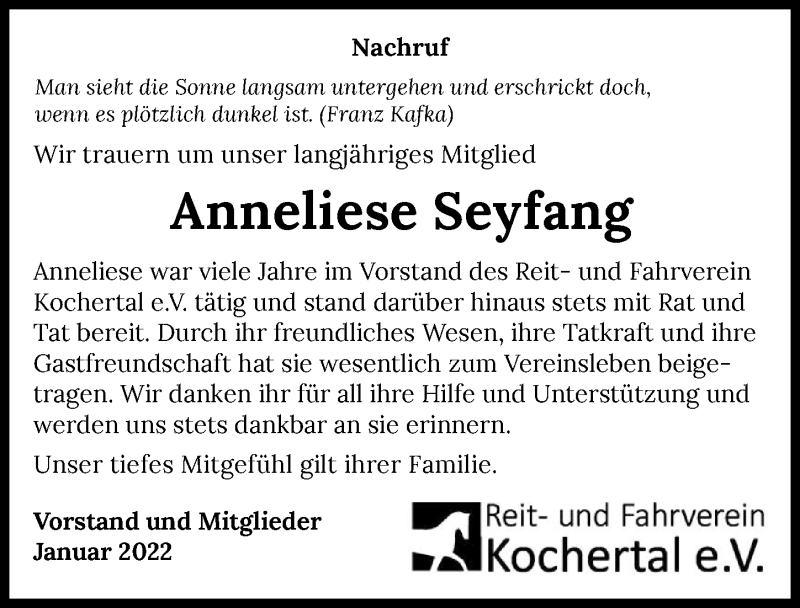  Traueranzeige für Anneliese Seyfang vom 29.01.2022 aus GESAMT