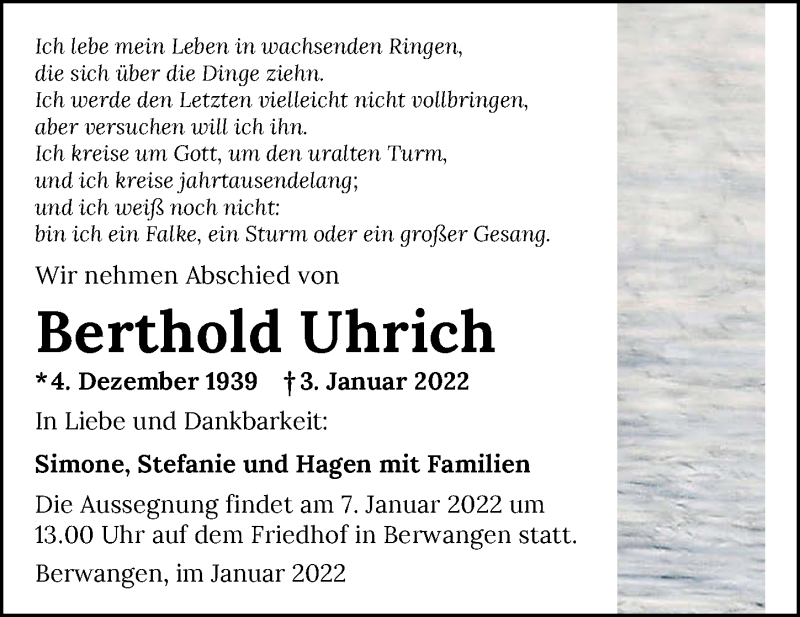  Traueranzeige für Berthold Uhrich vom 05.01.2022 aus GESAMT