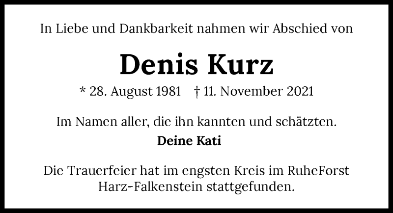  Traueranzeige für Denis Kurz vom 12.01.2022 aus GESAMT