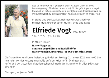 Traueranzeige von Elfriede Vogt von GESAMT