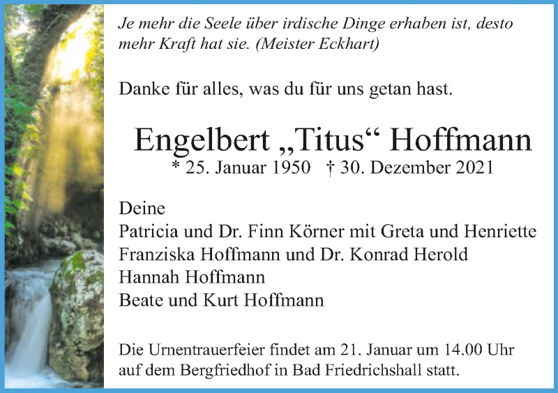  Traueranzeige für Engelbert Hoffmann vom 08.01.2022 aus GESAMT