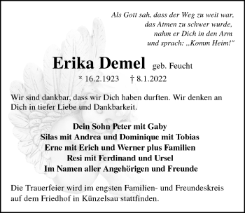 Traueranzeige von Erika Demel von GESAMT