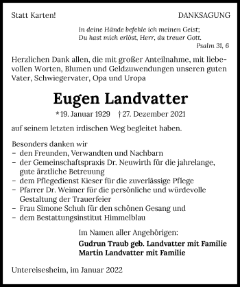 Traueranzeige von Eugen Landvatter von GESAMT