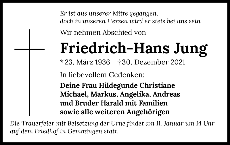  Traueranzeige für Friedrich-Hans Jung vom 05.01.2022 aus GESAMT