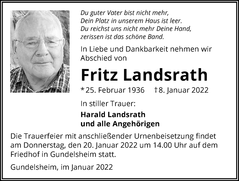  Traueranzeige für Fritz Landsrath vom 15.01.2022 aus GESAMT