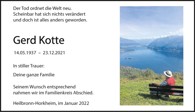  Traueranzeige für Gerd Kotte vom 15.01.2022 aus GESAMT