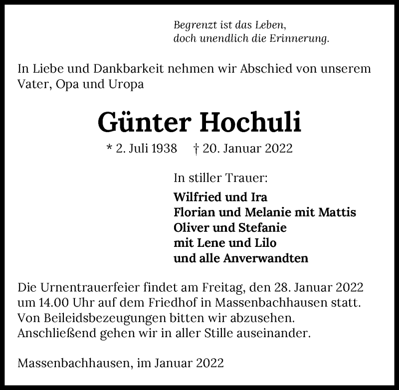  Traueranzeige für Günter Hochuli vom 25.01.2022 aus GESAMT
