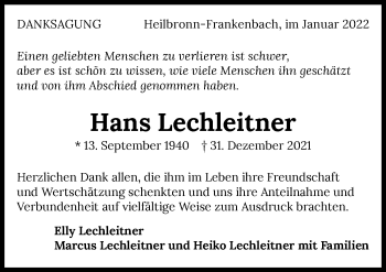 Traueranzeige von Hans Lechleitner von GESAMT