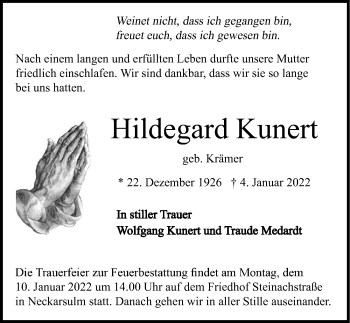 Traueranzeige von Hildegard Kunert von GESAMT