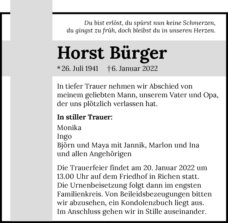  Traueranzeige für Horst Bürger vom 17.01.2022 aus GESAMT