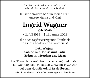 Traueranzeige von Ingrid Wagner von GESAMT