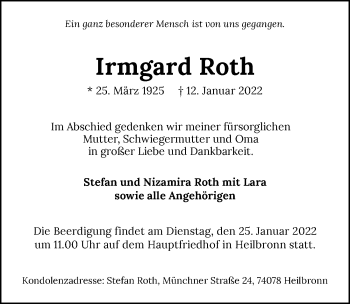 Traueranzeige von Irmgard Roth von GESAMT