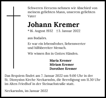 Traueranzeige von Johann Kremer von GESAMT