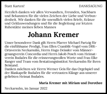 Traueranzeige von Johann Kremer von GESAMT