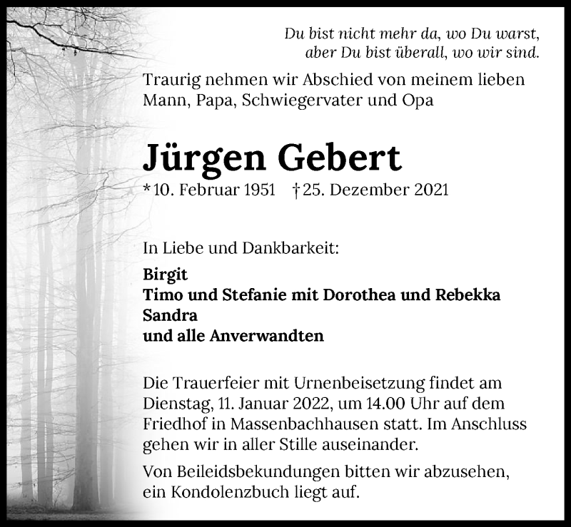  Traueranzeige für Jürgen Gebert vom 05.01.2022 aus GESAMT