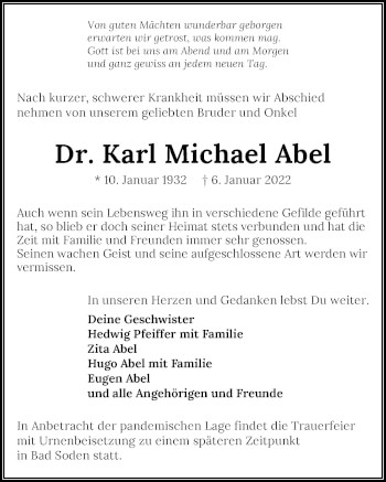 Traueranzeige von Karl Michael Abel von GESAMT