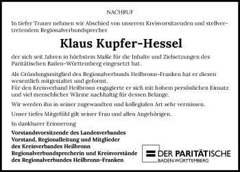 Traueranzeige von Klaus Kupfer-Hessel von GESAMT