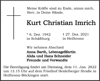 Traueranzeige von Kurt Christian Imrich von GESAMT