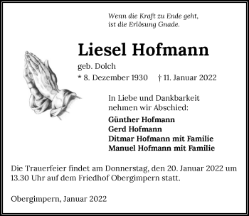 Traueranzeige von Liesel Hofmann von GESAMT