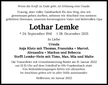 Traueranzeige von Lothar Lemke von GESAMT