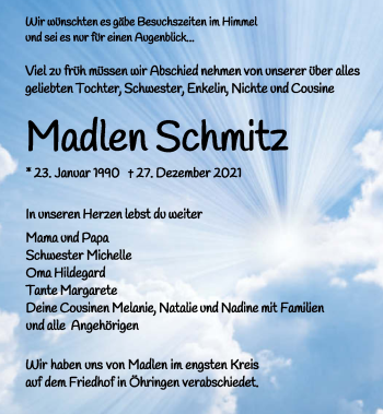 Traueranzeige von Madlen Schmitz von GESAMT