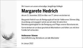 Traueranzeige von Margarete Hedrich von GESAMT