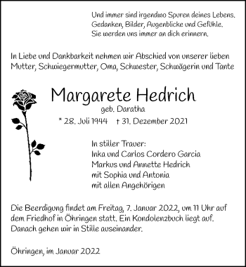 Traueranzeige von Margarete Hedrich von GESAMT